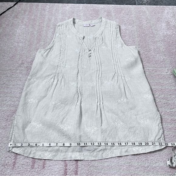 St. Tropez West Linen Sleeveless Tunic Tank Blouse Pleated Floral Embroidery LG - Picture 9 of 13